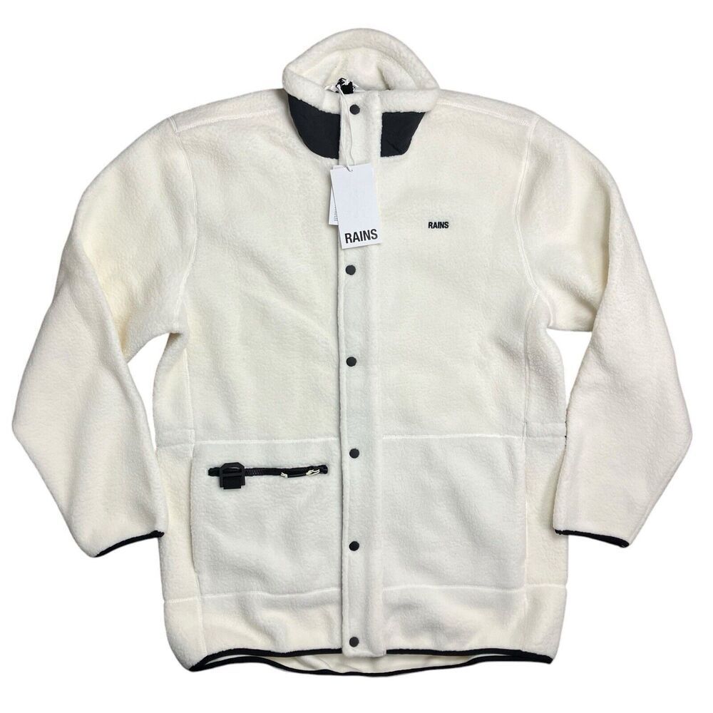 RAINS Heavy Fleece Jacket WMNS XL White Long Snap Button Up Boxy Teddy Fossil - Picture 2 of 13
